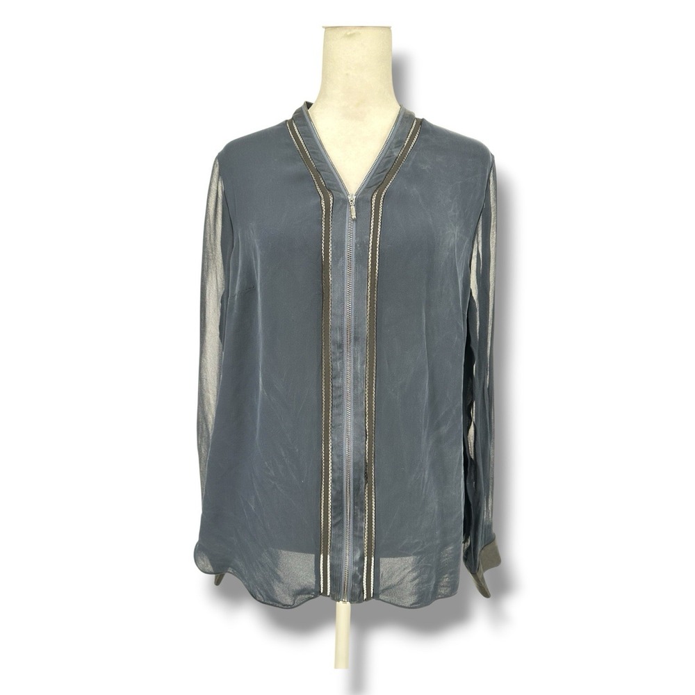 Elie Tahari 100% Silk Zip Front Sheer Sleeve Blouse Top Navy Blue M Medium